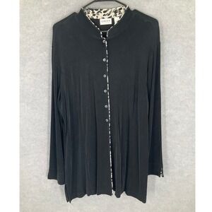 Chico's Travelers Black Animal Print Spandex‎ L Buttons Front Slinky Tunic Top